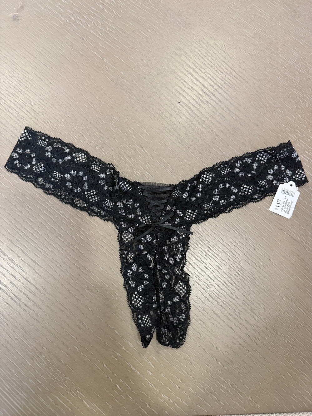 Rene Rofe Black Lace Crotchless Panty Lace-Up Back M/L NWT